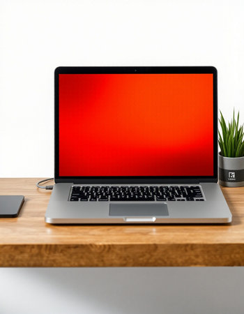 Laptop on a wooden desk. White background.