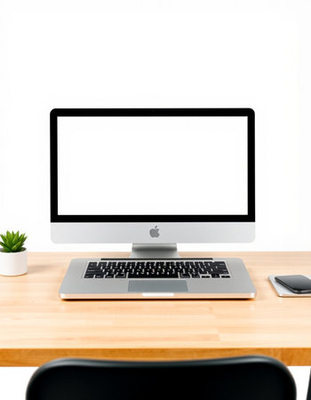 Modern desktop with blank screen computer on wooden table. Workplace concept