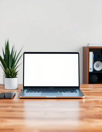 Laptop with blank screen on wooden desk in office. Mock up