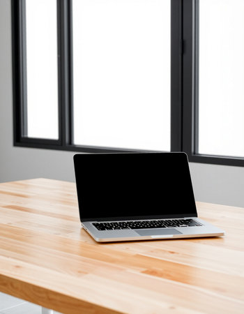 Laptop with blank screen on wooden table in modern office. Mock up
