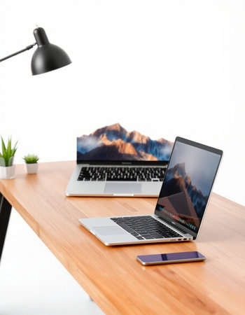 laptop and smartphone on wooden table in modern office. 3d rendering