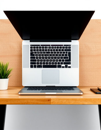 Laptop on a wooden desk in a modern office. 3d rendering