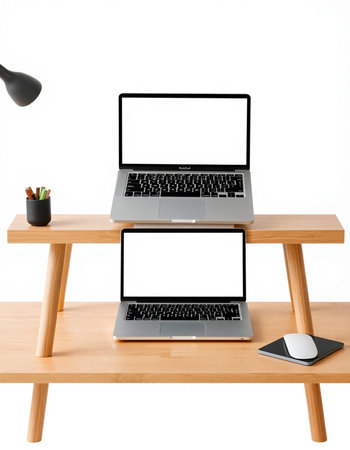 Modern workspace with blank screen laptop computer on wooden table, clipping path included