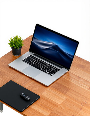 Laptop on wooden table, isolated on white background. 3d render.