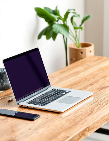 Laptop computer with blank screen on wooden table in home office.