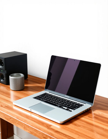 laptop on wood table with white wall and speaker in the backgroundの写真素材
