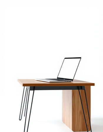 Laptop on a wooden table isolated on white background. 3d rendering.の写真素材