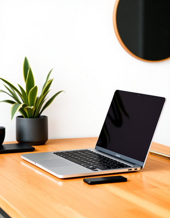 Laptop computer with blank screen on wood table and white wall background