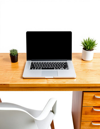 Laptop with blank screen on wooden desk in office, isolated on white background
