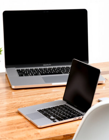 Laptop and notebook on a wooden table with a white background.の写真素材
