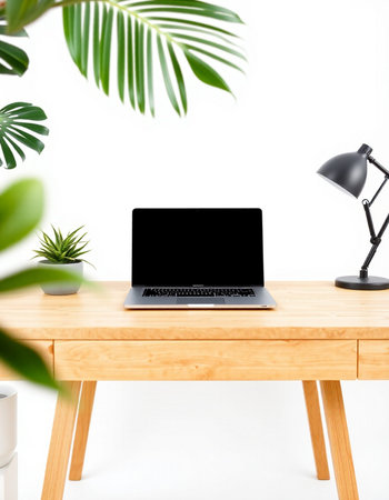 Laptop on wooden desk with green plant and lamp on white wall backgroundの写真素材