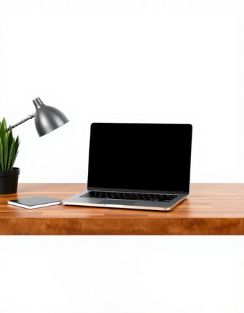 Laptop with blank screen on wooden desk isolated on white background.