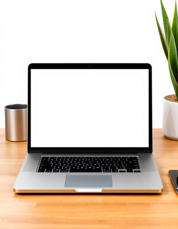 Laptop with blank screen on wood table and white wall background.