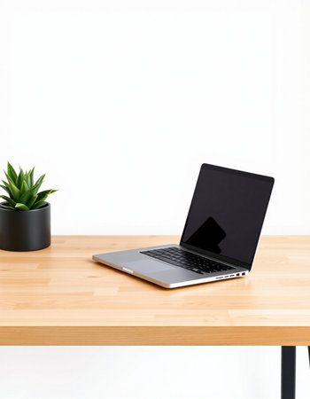 Laptop on wooden desk with white wall and plant in the background