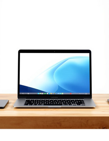 Laptop on wood table isolated on white background with clipping path.