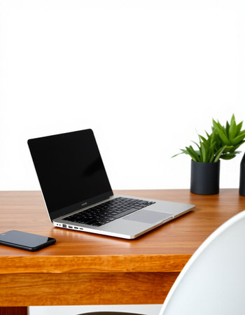 Laptop with blank screen on wooden table and white wall background.