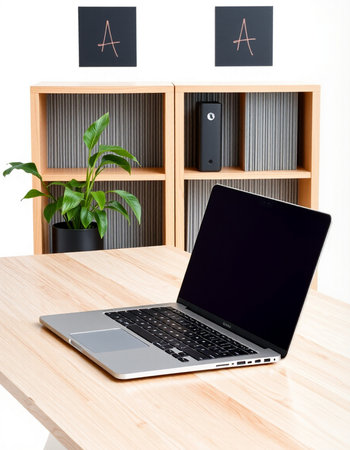 Laptop with blank screen on wooden desk in modern office, stock photo