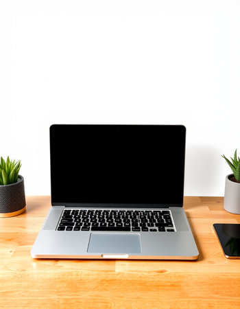 Laptop with blank screen on wooden table and white wall background.の写真素材