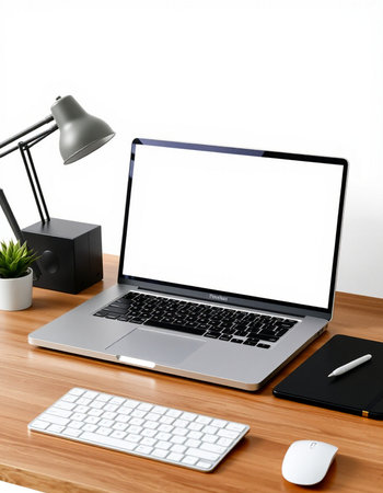 Modern workplace with blank screen laptop, keyboard, mouse, notebook and other objects on wooden...