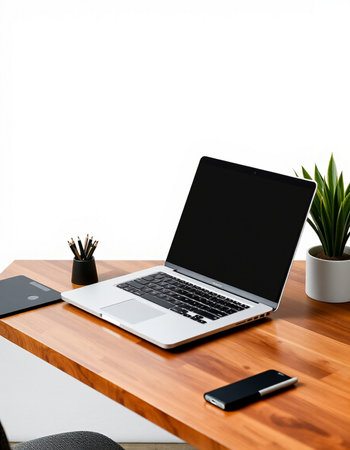 Laptop computer with blank screen on wooden table with clipping path.