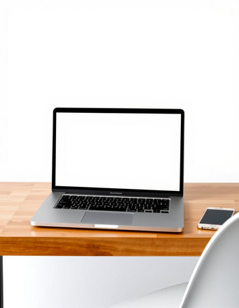 Laptop with blank screen on wooden table and white chair on white background