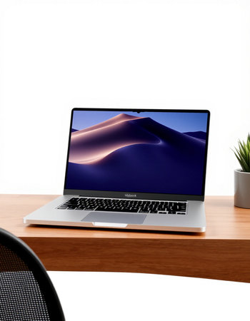 Modern laptop on wooden table and white background. 3d rendering.