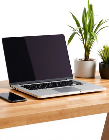 Laptop with blank screen on a wooden table, isolated on white background