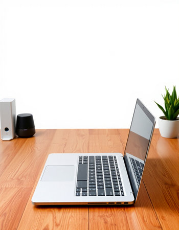 laptop computer on wooden desk with white wall background, stock photo