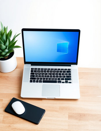 Laptop with screen and mouse on wooden desk, stock photo