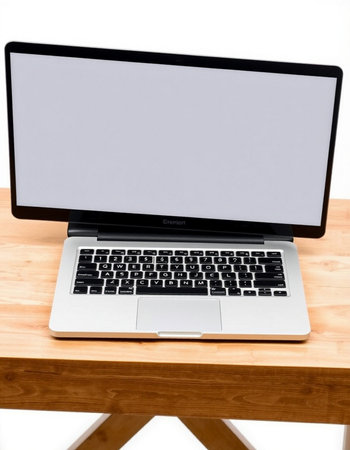 Laptop with blank screen on a wooden table isolated on white background