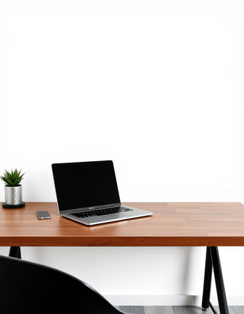 Laptop with blank screen on wooden table in office. Mock upの写真素材