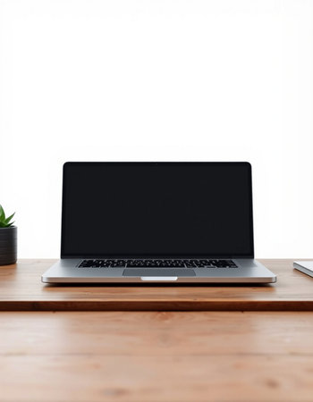 Laptop computer on wooden table with white wall background, stock photo