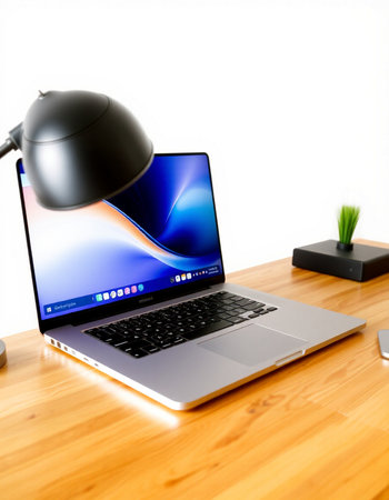 Laptop on a desk with a black lamp on the screen.
