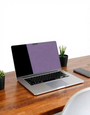 Laptop with blank screen on wooden table, clipping path included.の写真素材