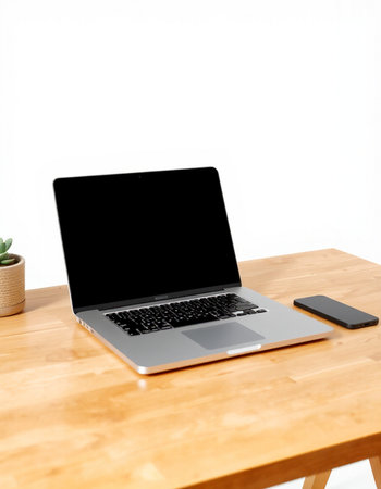 Laptop with blank screen on wooden table and white wall background.