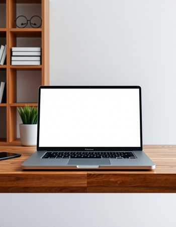 Laptop with blank screen on wooden table in modern office, mockupの写真素材