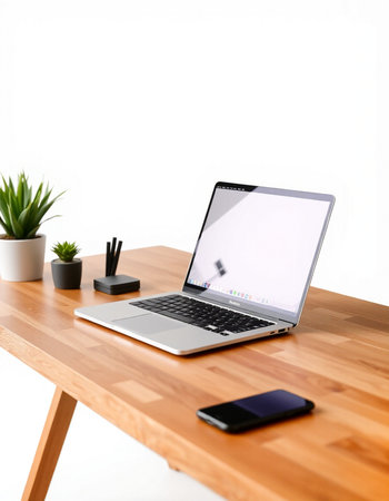 Laptop with blank screen on wooden table and white wall background.の写真素材