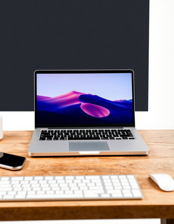 Modern workspace with laptop on wooden table. 3d rendering. Computer and mouse.