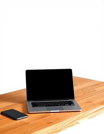 Laptop with blank screen on wooden table with smartphone on white background