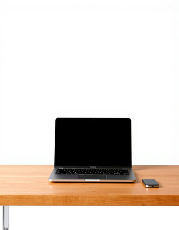 Laptop with blank screen on wooden table isolated on white background.