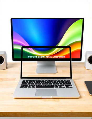 Modern desktop with computer, smartphone and speaker on white background. 3D rendering.
