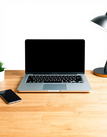 Laptop with blank screen on wood table with lamp and mobile phone
