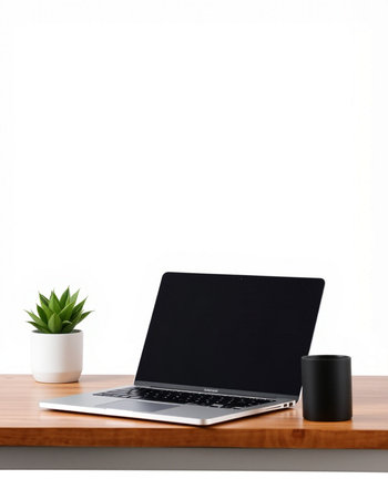 Laptop with black screen on a wooden desk isolated on white background