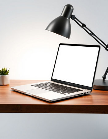 Laptop with blank white screen on wooden table. 3D Rendering