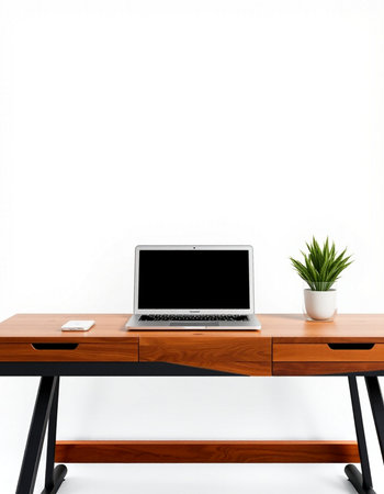 Wooden desk with laptop and plant on the white wall background.の写真素材