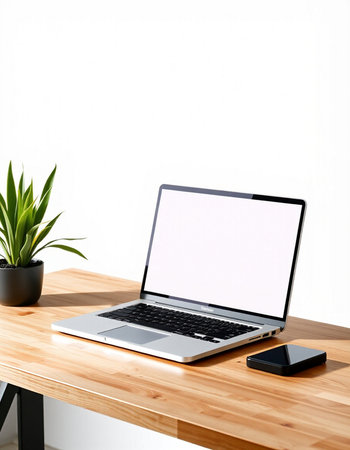Laptop with blank screen on wooden table in office. 3d render