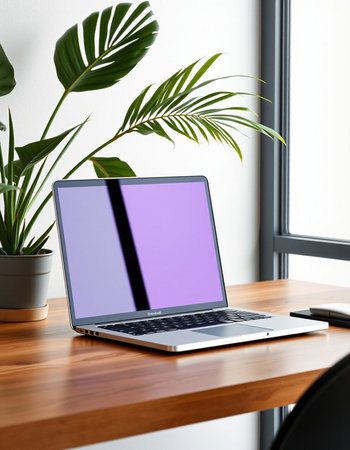 Laptop with blank screen on wooden table. 3d rendering.の写真素材