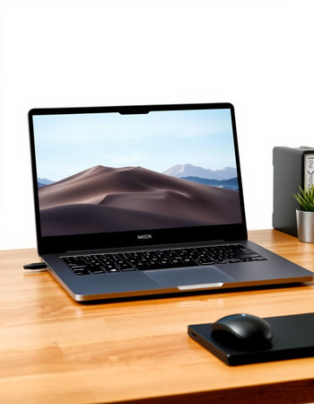 Laptop computer on wooden desk with white background.