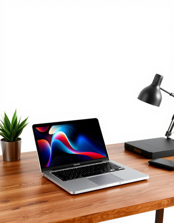 3D illustration laptop and work stuff on wooden table, Workspace
