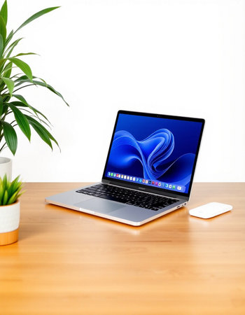 Laptop on wood table with white wall background and green plant.